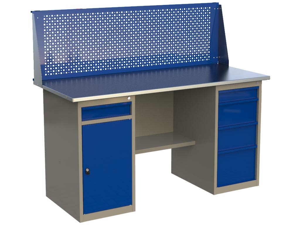 фото Стол верстак слесарный металлический с 2 тумбами с дверью и ящиком и с 4 ящиками, с экраном, 1600 мм, MasterLine, Wellmet ML 1600 ML1/ML4P