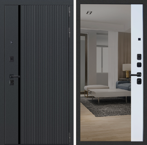 Изображение товара Дверь входная металлическая с зеркалом Эталон Б-11 Черная шагрень/Черный муар-Velluto Bianco 860 левая