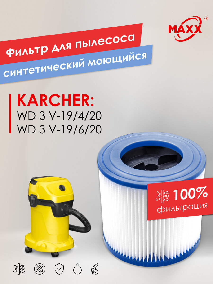 Патронный фильтр PRO синтетический, моющийся для пылесоса Karcher WD 3 V-19/4/20, Karcher WD 3 V-19/6/20