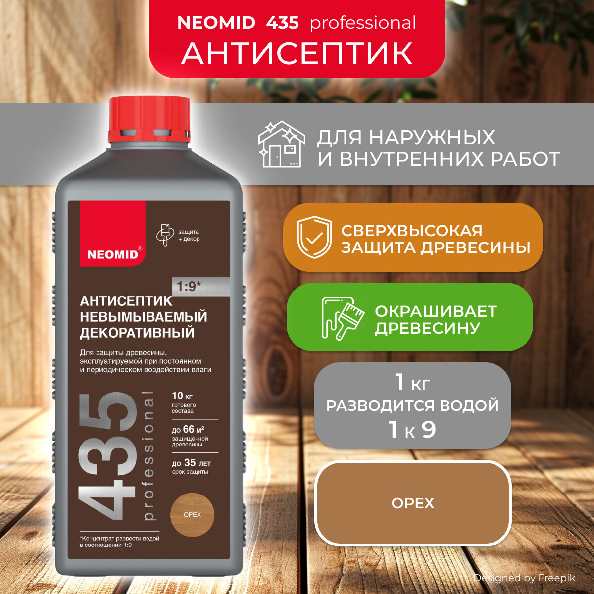 Антисептик для дерева невымываемый Neomid 435, декоративный концентрат 1:9,1 кг, орех