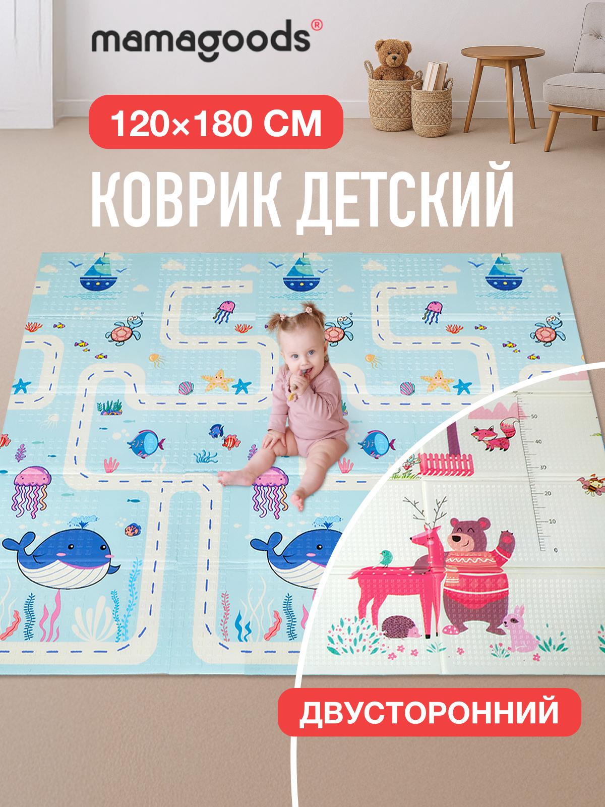 Детский коврик для ползания складной двухсторонний игровой термоковрик Mamagoods 120 х 180 Мишка и Киты