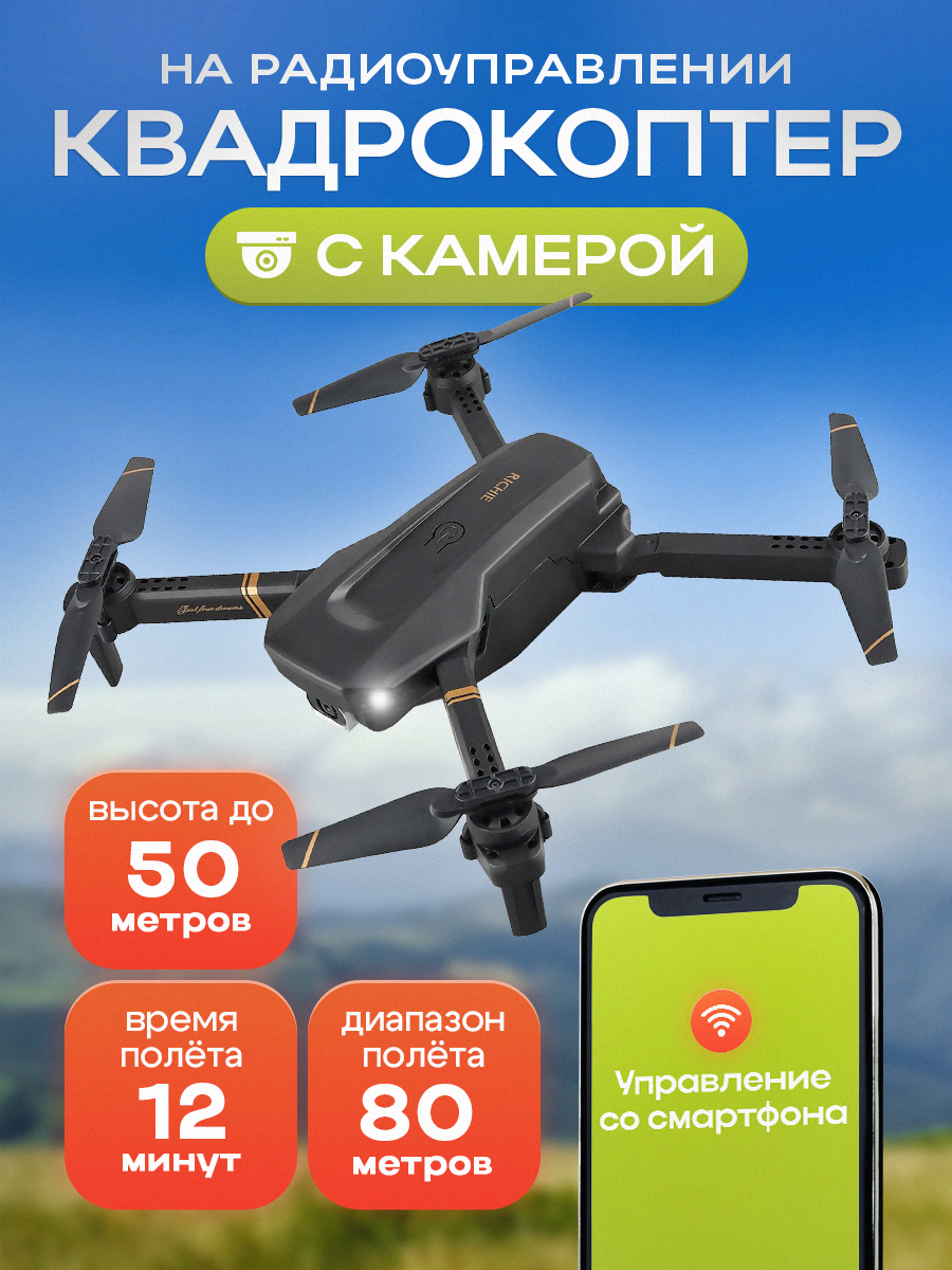 Квадрокоптер на радиоуправлении с камерой 33х33х6 см USB камера Wi-Fi высота до 50 м угол обзора 180°