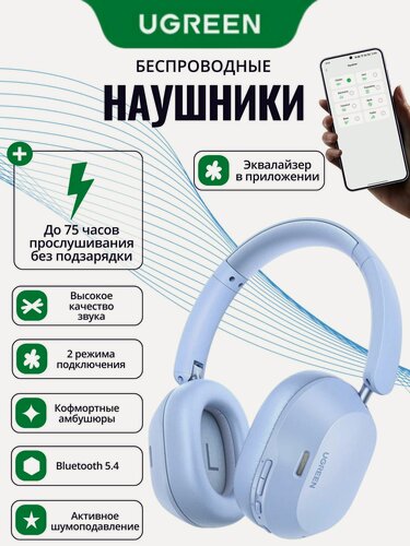 Изображение товара Наушники беспроводные UGREEN Studio Max5c полноразмерные наушники до 75 часов прослушивания музыки, голубой