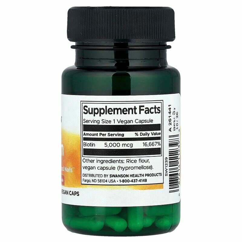 Swanson Биотин 5000 мкг для укрепления волос и улучшения кожи, 30 капсул — фото 1