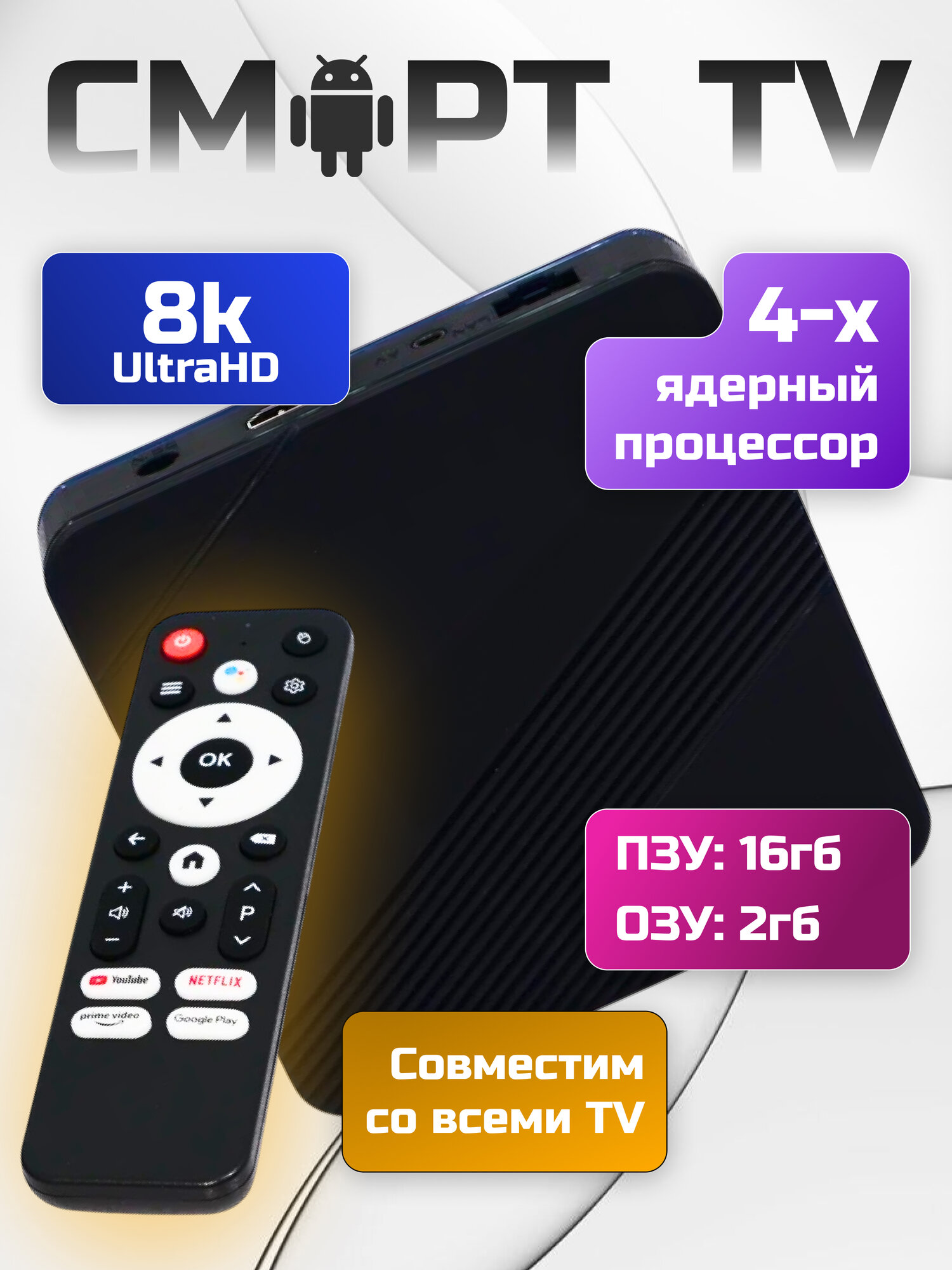 Смарт ТВ приставка для телевизора  медиаплеер 2 Гб +16 Гб черный