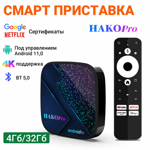 Смарт ТВ приставка HAKO Pro Amlogic S905Y4 4/32Гб Wifi BT5.0 Сертифицированный голос Google