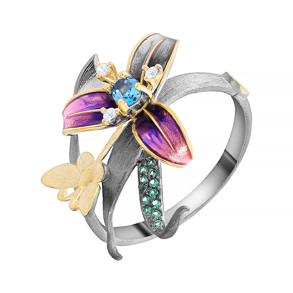 Кольцо ELEMENT47, серебро, 925 проба, фианит, топаз, эмаль, перидот