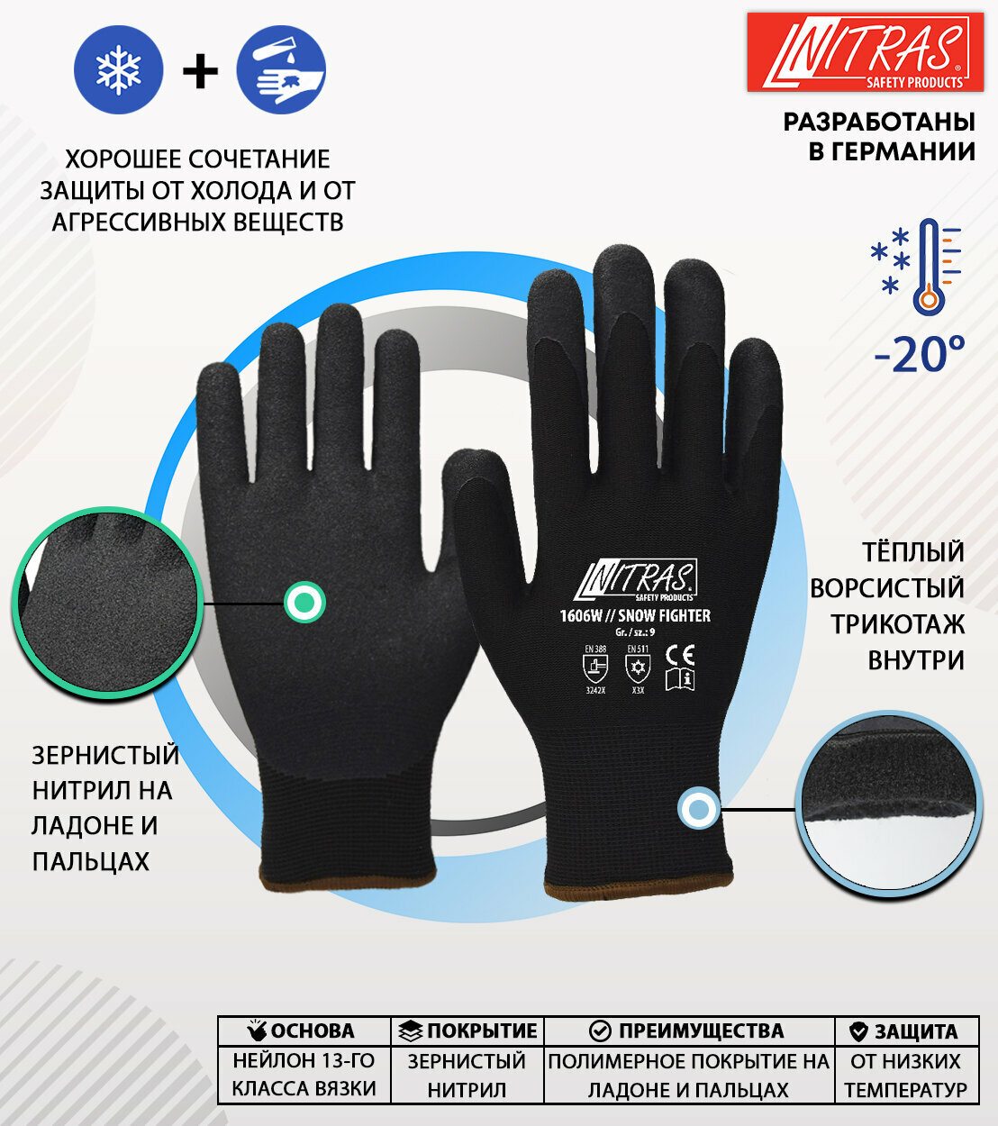 Зимние перчатки с нитриловым покрытием, NITRAS 1606W, Германия, размер 11