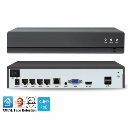 Сетевой POE NVR видеорегистратор 4 канальный поддержка IP камер до 4K/8Mpix/5Mpix/2Mpix ONVIF P2P HDMI