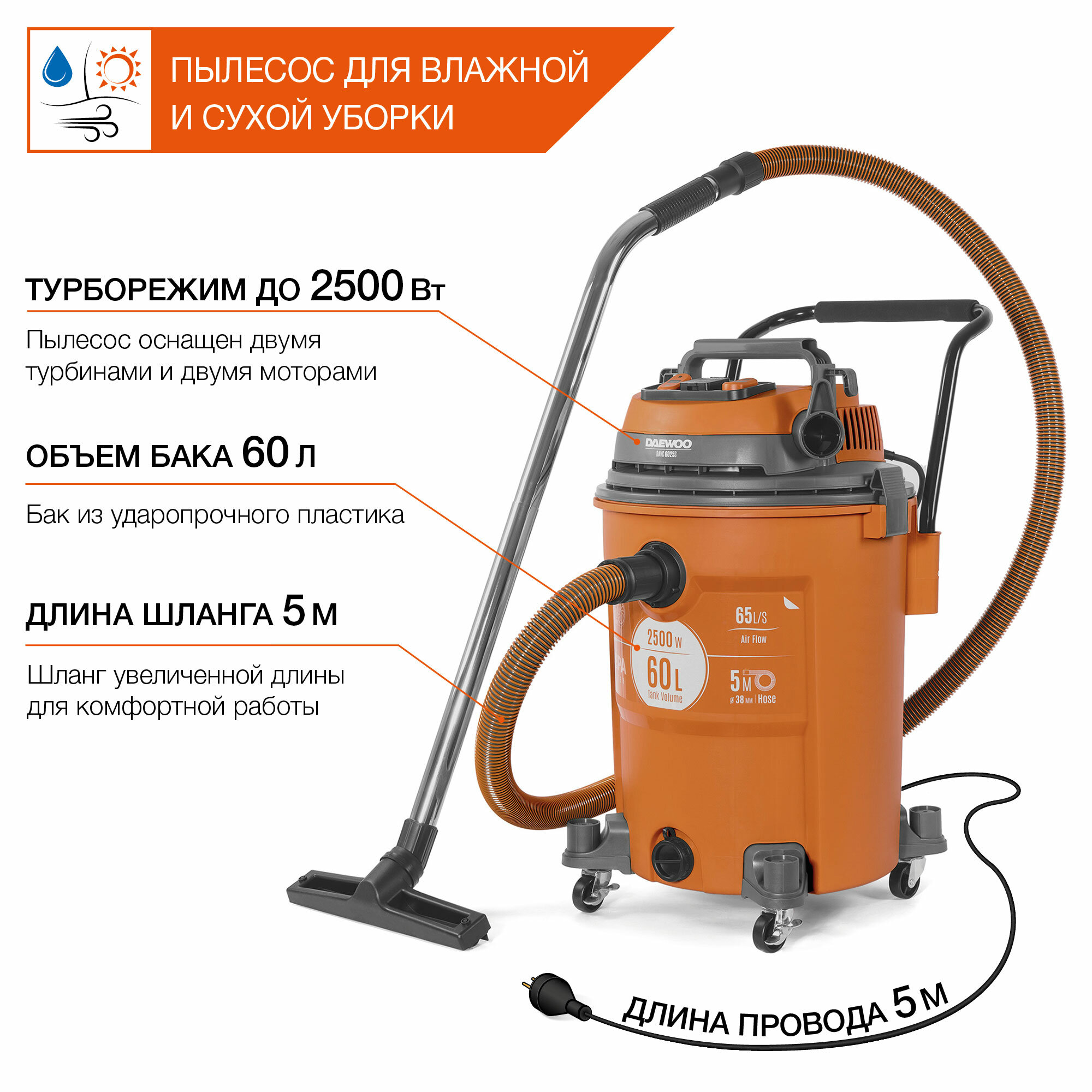 Пылесос строительный DAEWOO DAVC 6025S (2.5кВт 60л)