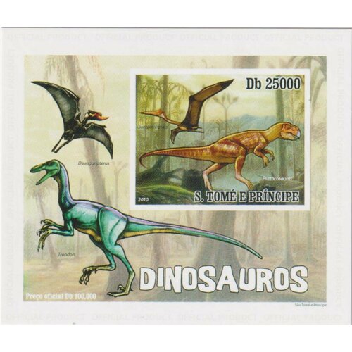 Почтовые марки Сан-Томе и Принсипи 2010г. Динозавры - Кетцалькоатль - люкс блок Динозавры MNH почтовые марки сан томе и принсипи 1982г динозавры и минералы пахицефалозавр сподумен и кунцит люкс блоки динозавры фауна mnh