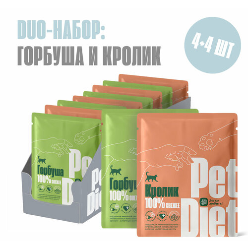 Дуо набор натурального корма из кролика и горбуши Pet Diet, 8 пакетиков по 160 гр