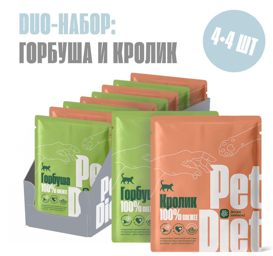 Дуо набор натурального корма из кролика и горбуши Pet Diet, 8 пакетиков по 160 гр