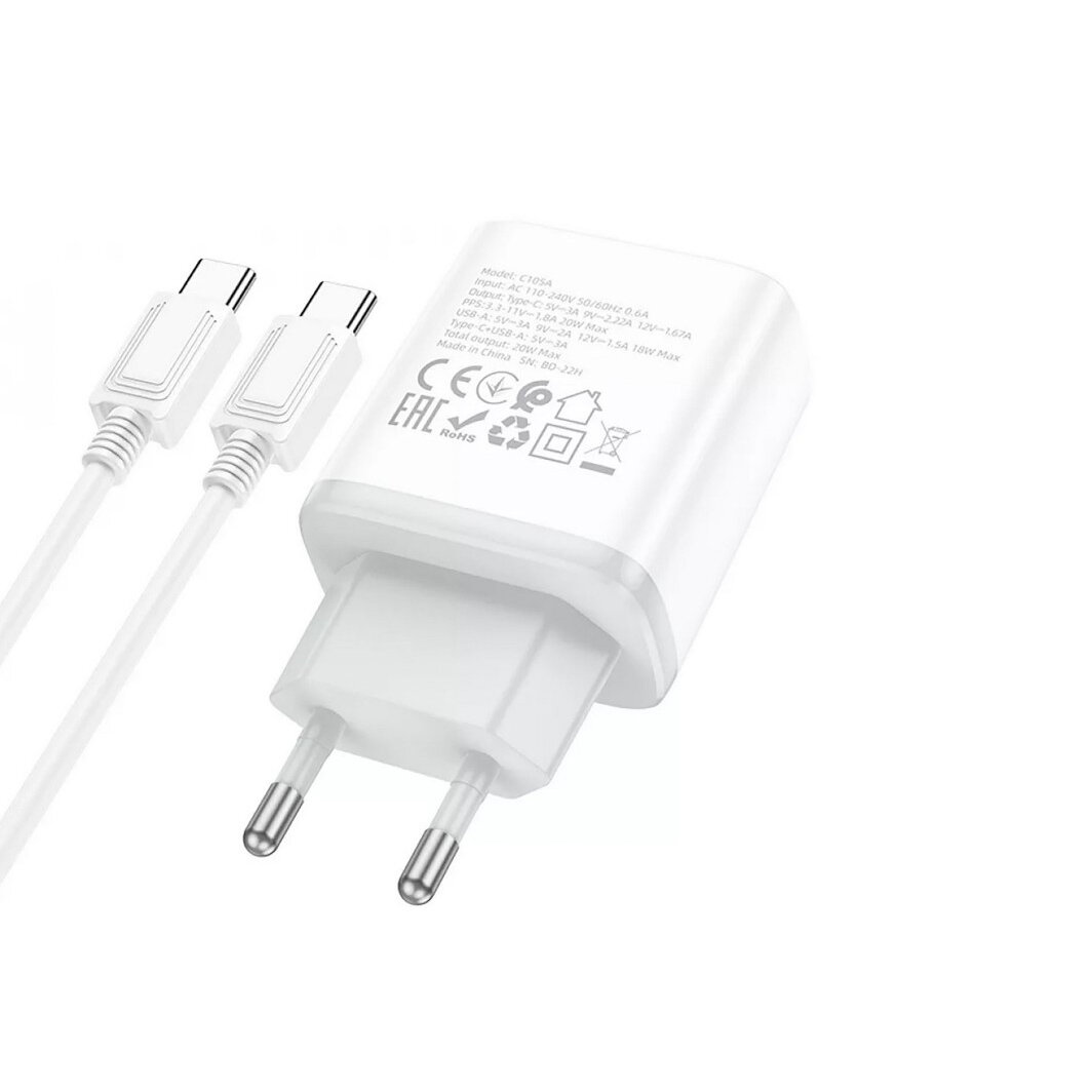 СЗУ, 1 USB 3.0 QC+1 PD 20W (C105A), HOCO, Type-C to Type-C, белый — фото 10