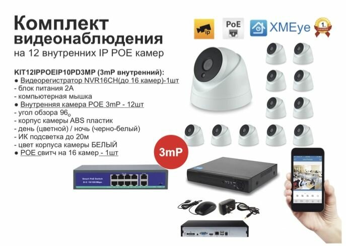 KIT12IPPOEIP10PD3MP. Комплект видеонаблюдения IP POE на 12 камер