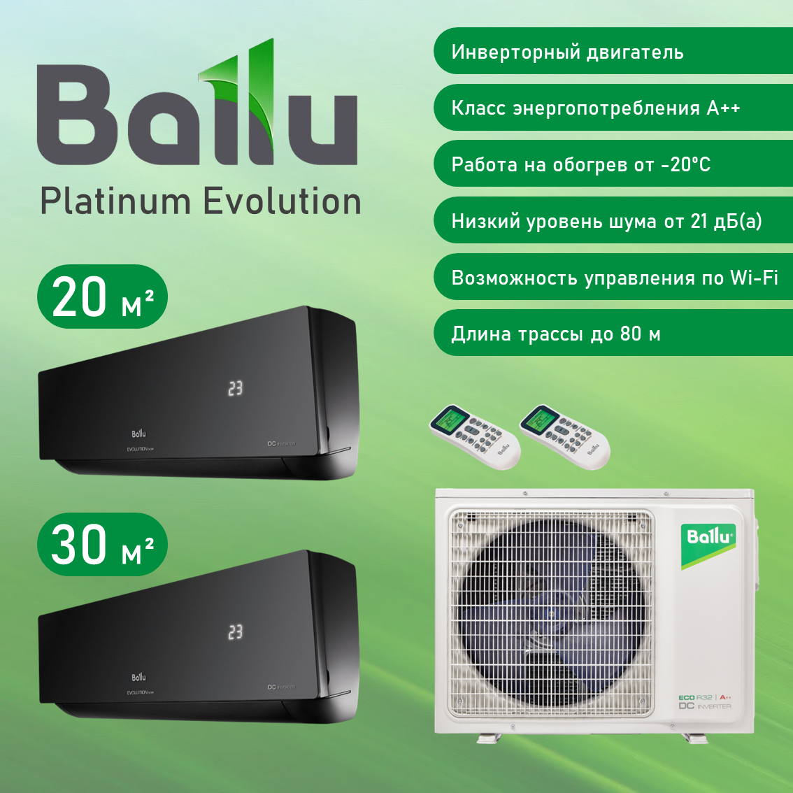 Мульти сплит система на 2 комнаты Ballu BSUI-FM-09HN8(BL)+BSUI-FM-12HN8(BL)/BA2OI-FM-18HN8