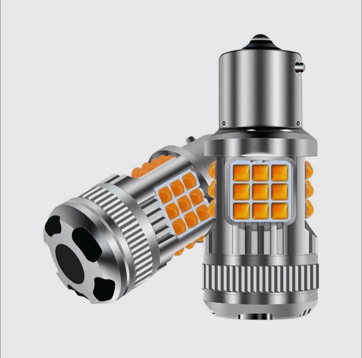 фото Светодиодная автомобильная лампа P21W со смещением 150 градусов BA15s SMD 3030 21W c обманкой V2 (оранжевый) ( 2 лампы)