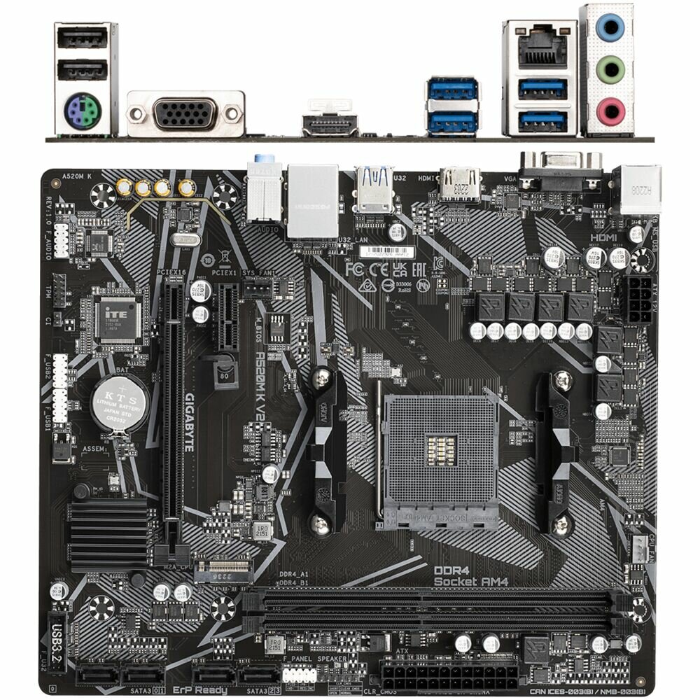 Материнская плата Gigabyte A520M K V2 Socket-AM4 AMD A520 2xDDR4, 4xSATA3, RAID, 1xM.2, 1xPCI-E 16x, 4xUSB 3.2, D-Sub, HDMI, GLAN mATX Ret