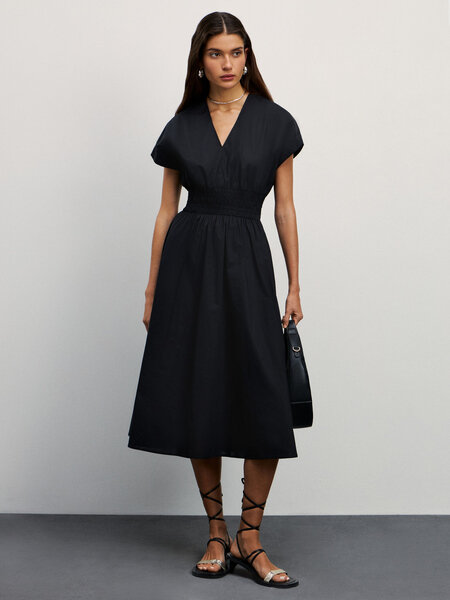 Zarina Платье миди с резинкой на талии, цвет Черный, размер S (RU 44), 4225091591-50