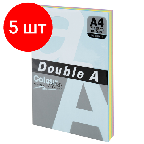 Комплект 5 шт, Бумага цветная DOUBLE A, А4, 80г/м2, 100 л, (5 цветов x 20 листов), микс пастель, ш/к