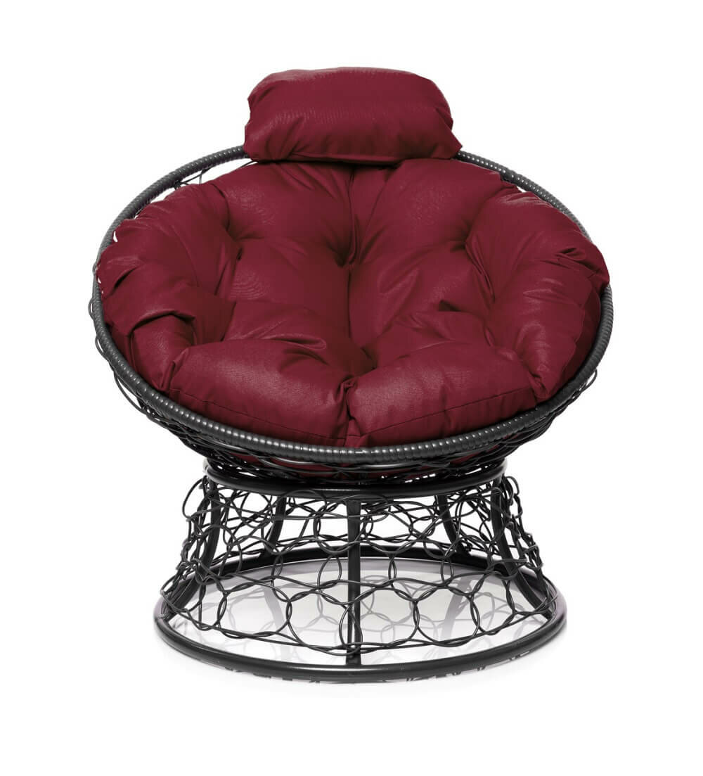 фото Кресло "Папасан" мини с ротангом серое / бордовая подушка M-Group