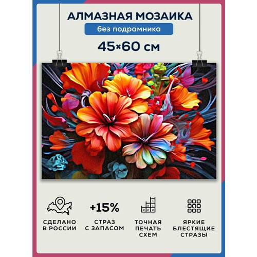 Алмазная мозаика 45x60 Разноцветные цветы без подрамника