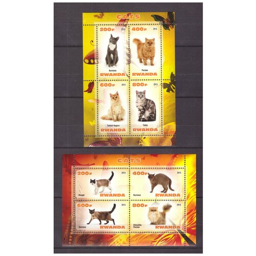 Почтовые марки Руанды 2013 г. Фауна. Кошки. 2 малых листа. MNH(**) почтовые марки чад 2013 г фауна собаки 2 малых листа mnh