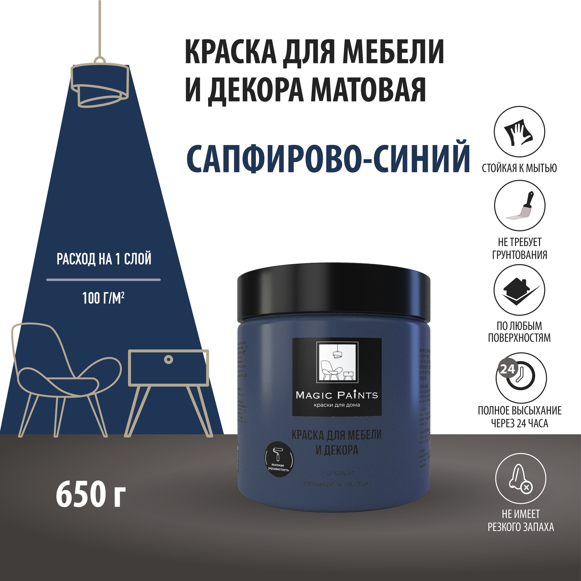 Матовая краска для мебели и декора Magic Paints без запаха для стен потолков дерева кухни кухонных фасадов дверей стекла цвет Сапфирово синий 0.65 кг