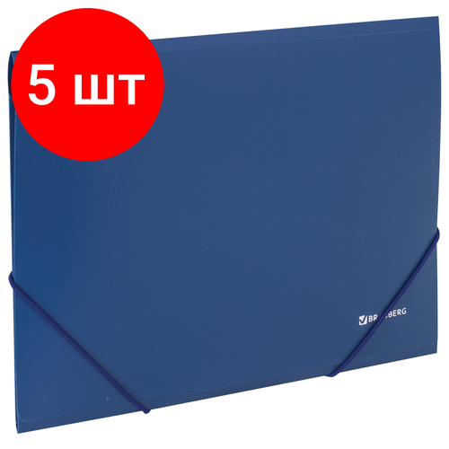 Комплект 5 шт, Папка на резинках BRAUBERG, стандарт, синяя, до 300 листов, 0.5 мм, 221623