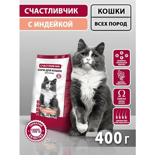 Корм для кошек сухой Счастливчик Индейка 400 гр