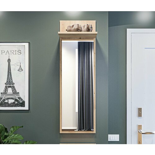 Настенное зеркало столплит Сидней СБ-2581 с рамой с полкой для вещей в прихожую на дачу в офис в гостиную в спальню в кабинет без подсветки кдсп Дуб Дикий 35х110х20 см 3000₽