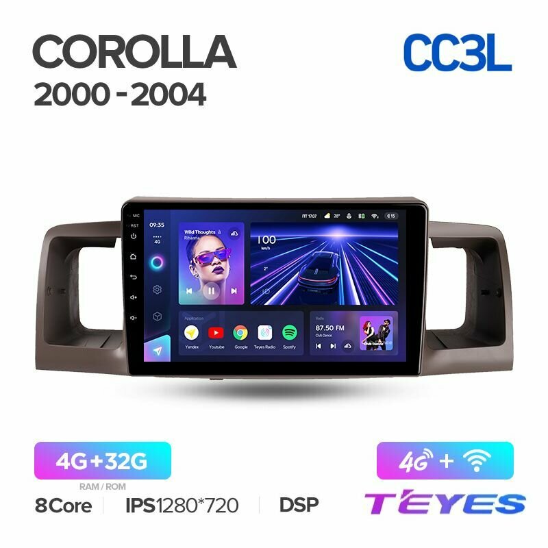 Магнитола Toyota Corolla E130 E120 2000-2004 Teyes CC3L 4/32GB, штатная магнитола, 8-ми ядерный процессор, IPS экран, DSP, 4G, Wi-Fi, 2 DIN