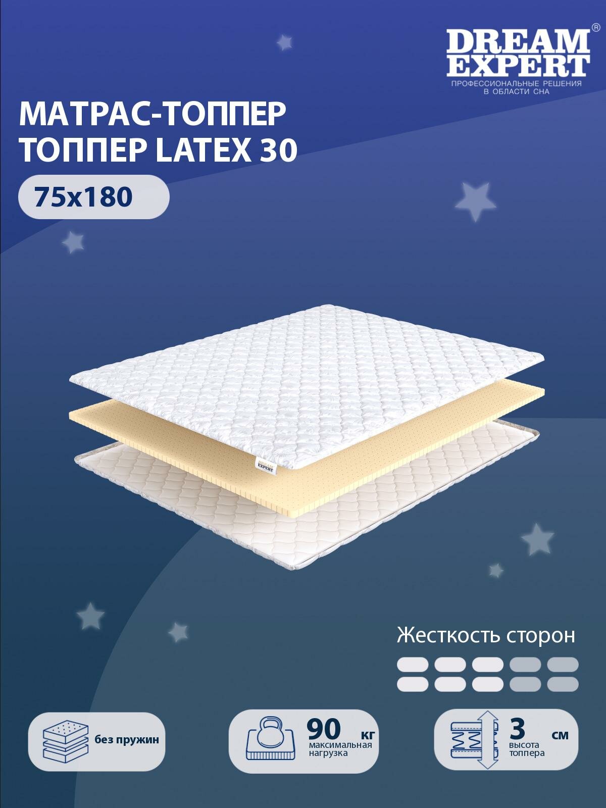 Матрас-топпер, Топпер-наматрасник DreamExpert Latex 30 на диван, тонкий матрас, на резинке, Беспружинный, хлопковый, на кровать 75x180