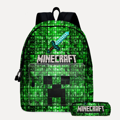 Изображение товара Рюкзак minecraft с пеналом зеленый пиксельный. Мягкие лямки и спинка