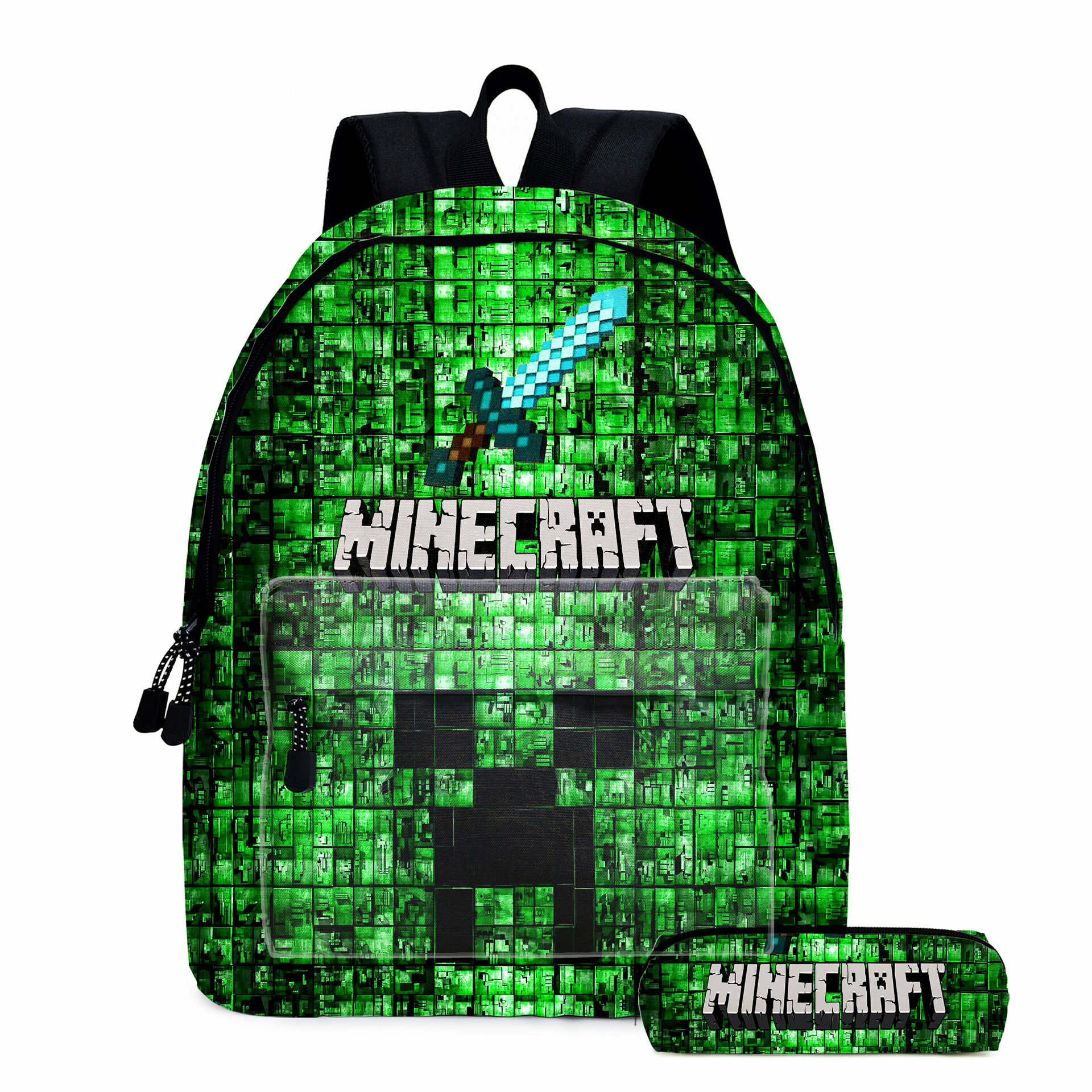 Рюкзак minecraft с пеналом зеленый пиксельный