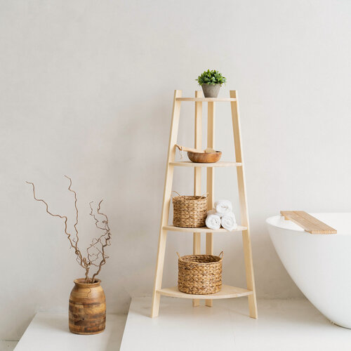 Изображение товара Стеллаж деревянный угловой BIGROOM , под покраску, подставка для цветов 45*45*132 4 полки