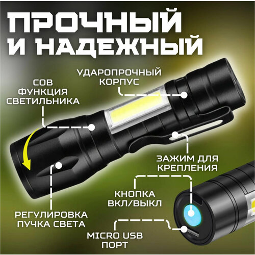 Фонарик ручной светодиодный c аккумулятором / сверхъяркий фонарь с фокусировкой и зарядкой microUSB, мини