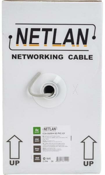 Кабель NETLAN CCA-UU004-5E-PVC-GY U/UTP 4 пары, Кат.5e, 100МГц, одножильный, CCA (омедненный алюминий), внутренний, PVC нг(B), серый, 305м