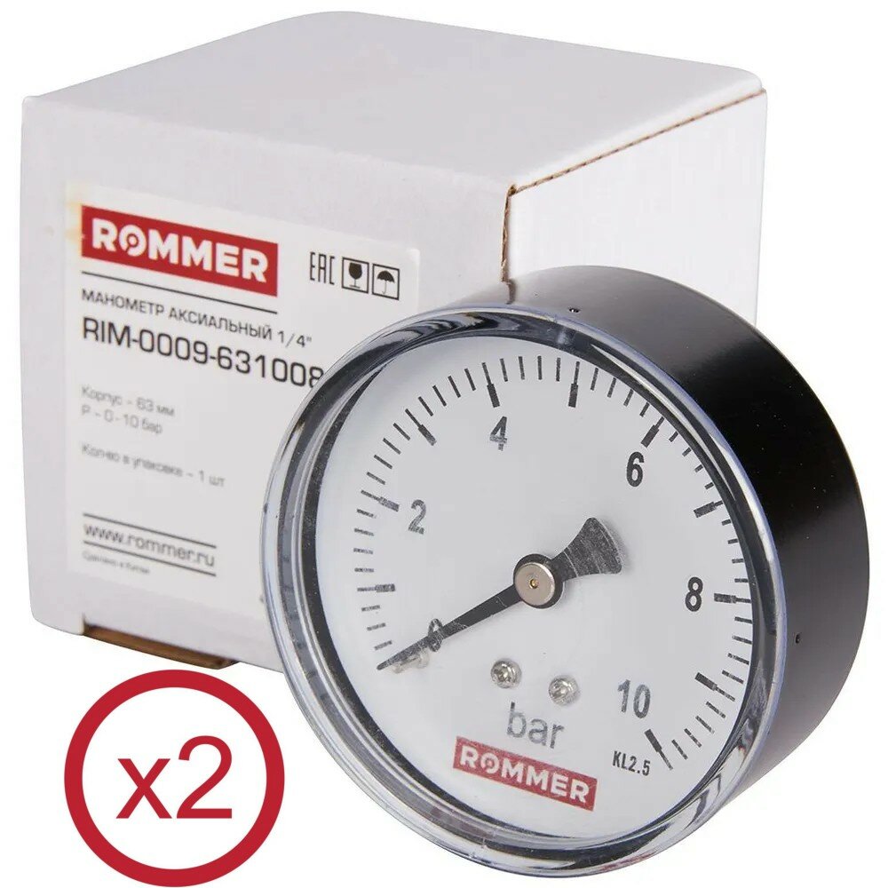 Манометр аксиальный 63 мм, 10 бар, 1/4" ROMMER RIM-0009-631008 (2 шт)