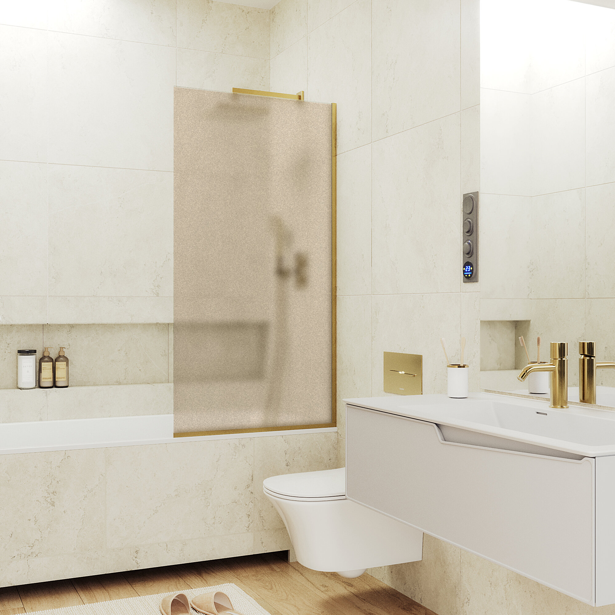 Шторка на ванну MaybahGlass Lucia 70x140, прямоугольная, тонированное, 8 мм, золото