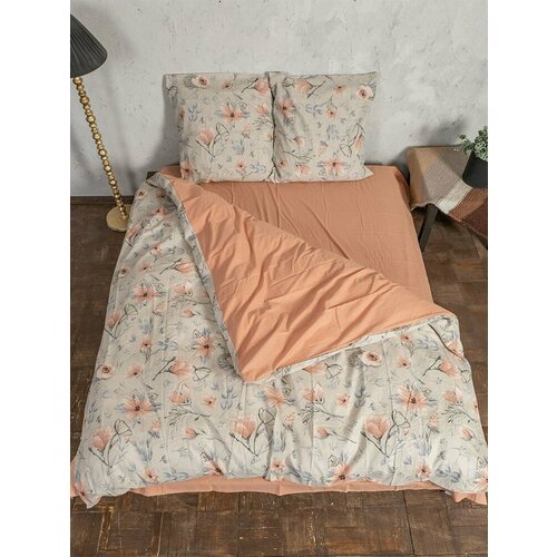 Постельное белье Argnord двуспальное из льна Магнолия комбинированный Персик с наволочками 70х70