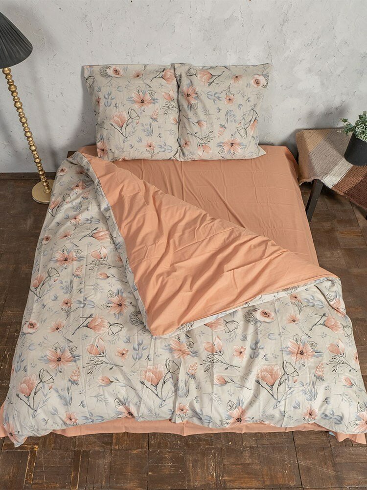 фото Постельное белье Argnord двуспальное из льна Магнолия комбинированный Персик с наволочками 70х70