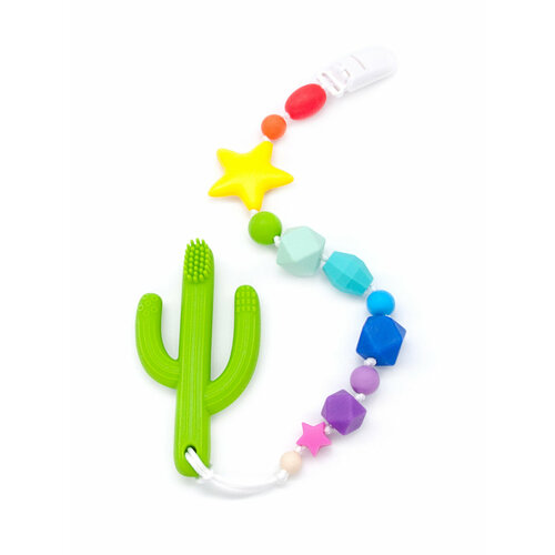 Грызунок -прорезыватель Радуга на держателе с клипсой, зеленый кактус