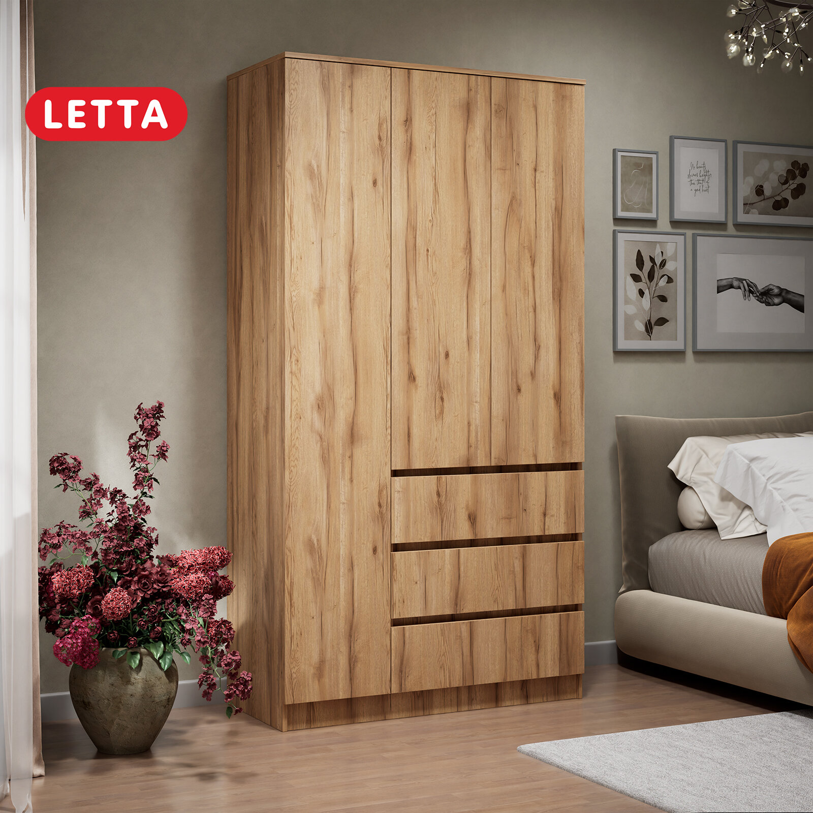 Шкаф Letta, трехстворчатый, дуб крафт золотой, напольный, штанги для вешалок
