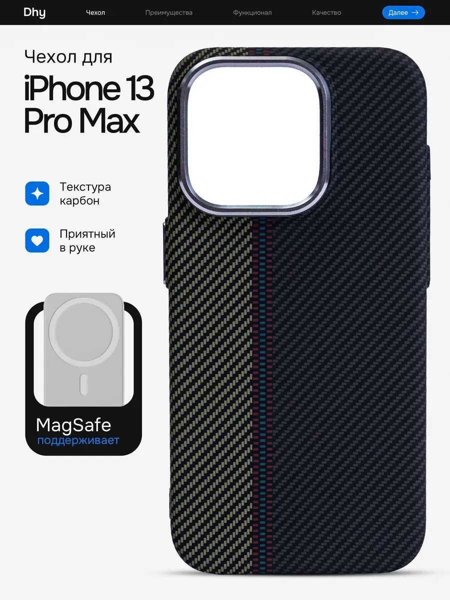 Чехол Dhy, карбон/пластик, для iPhone 13 Pro Max, матовый, серый/зеленый