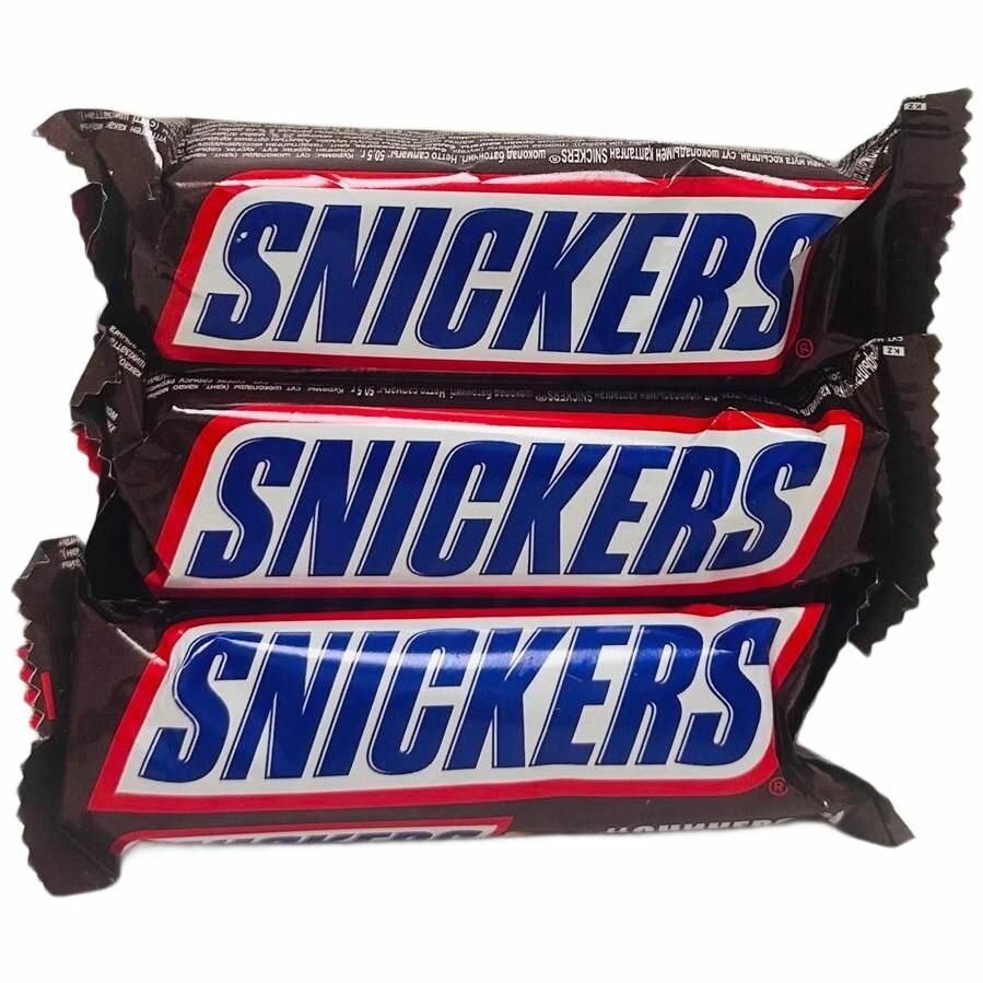 Шоколадные батончики Snickers с карамелью, арахисом и нугой, 48 штук по 50.5 г