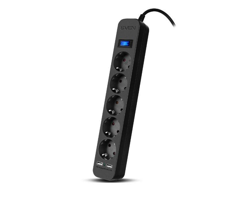 SVEN Фильтр SF-05LU 1,8 м (5 евро розеток,2*USB(2.4А)) черный, цветная коробка