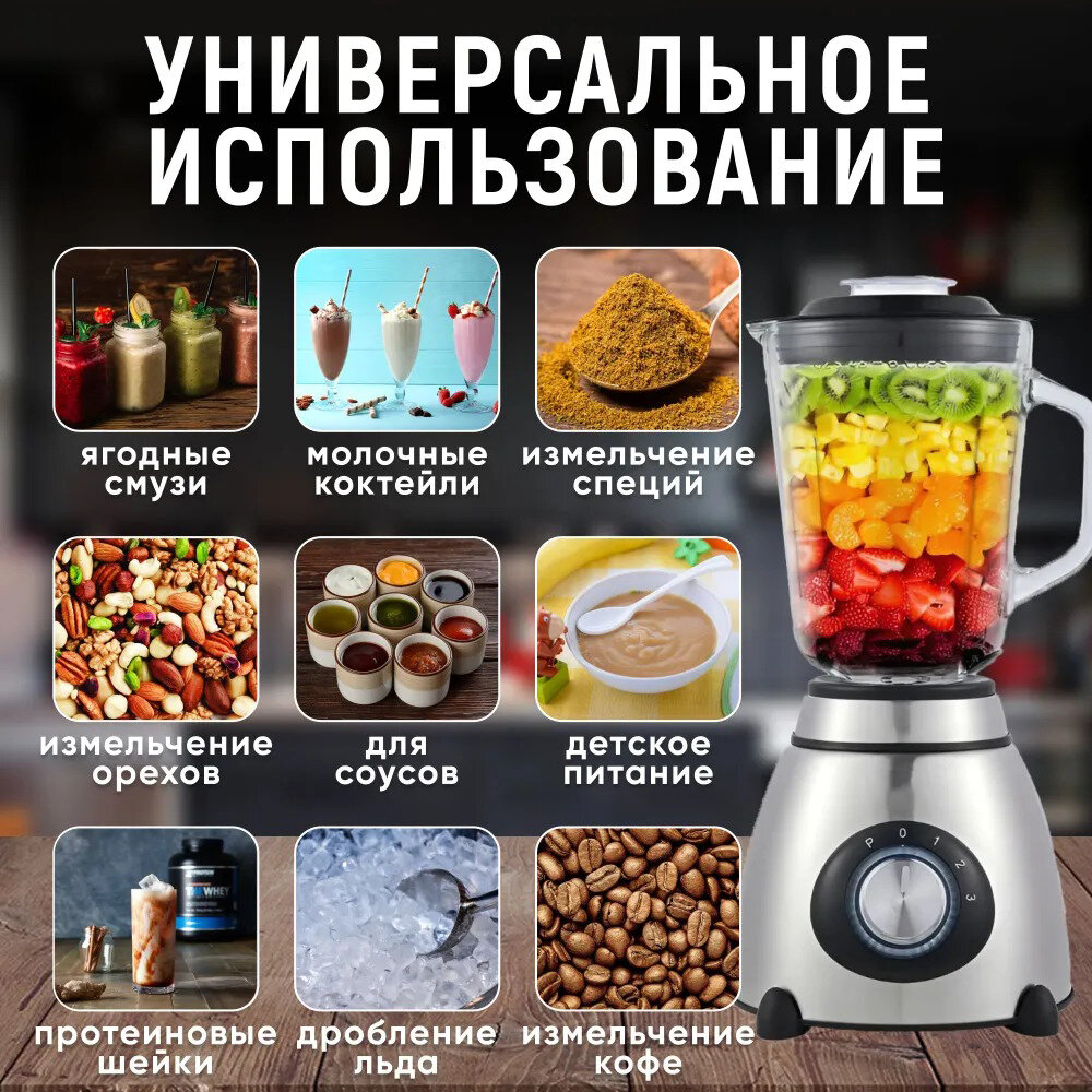 Блендер домашний/стационарный/измельчитель льда/для смузи/кофемолка,800 Вт, кувшин 1.5 литра, импульсный режим — фото 1