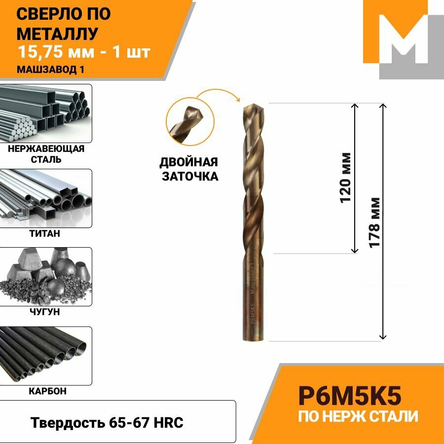 Сверло по металлу 15,75 мм Р6М5К5 кобальтовое машзавод 1