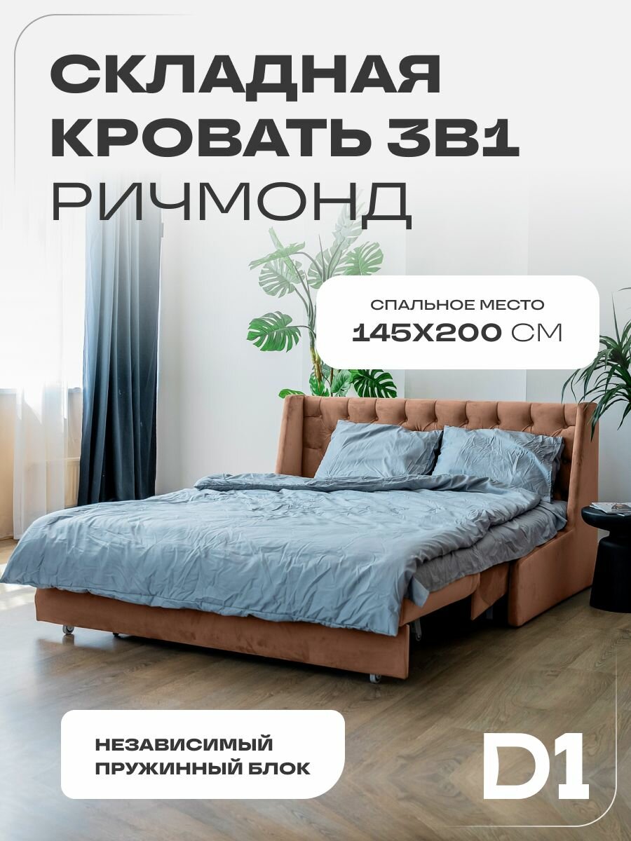 Складная кровать 3в1 Ричмонд 160x200. Независимый пружинный блок, диван-кровать аккордеон, металлокаркас. Велюр синий